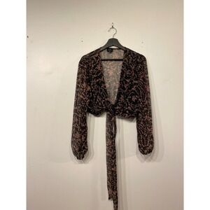 Bardot Women Black Pink Floral Sheer Tie Front Crop Top Blouse Long Sleeve M